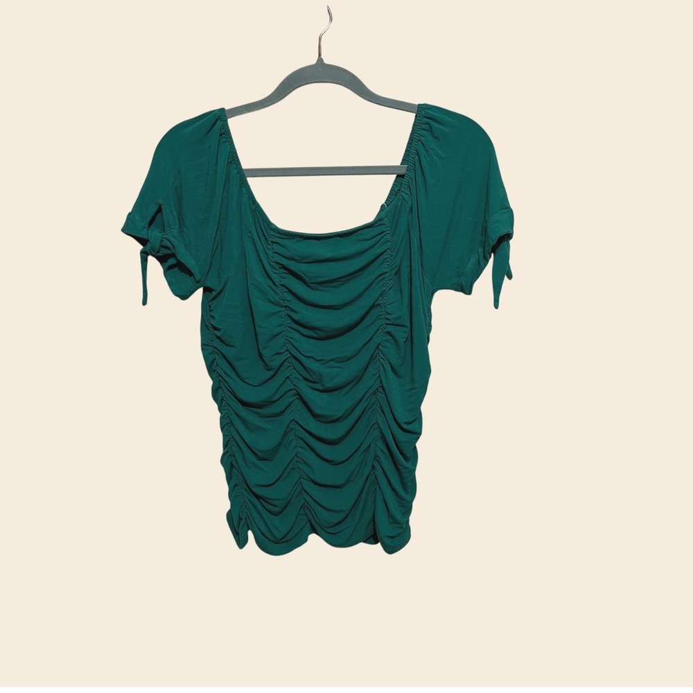 Willow + Root Forest Green Ruched Square Neck Top Short Sleeve Tie Coquette Boho